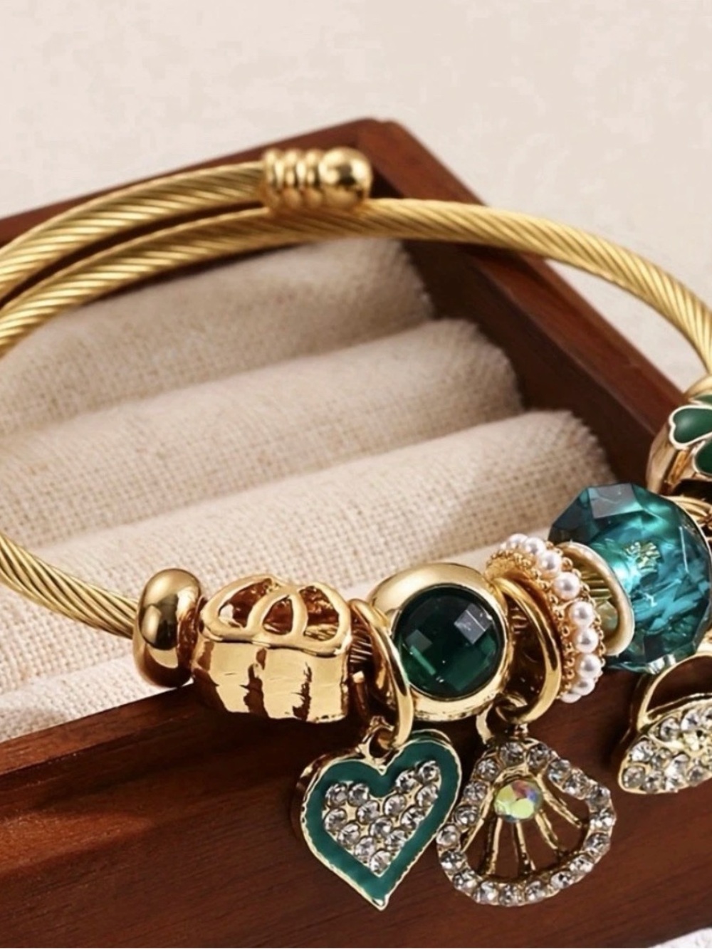Gold-Tone Green Crystal Charm Bracelet - Elegant Women's Jewelry